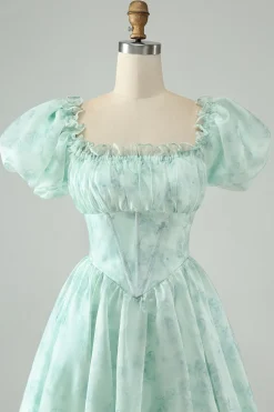 Verde claro Uma linha de pescoço quadrado babado floral vestido curto de volta para casa