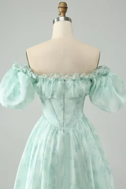 Verde claro Uma linha de pescoço quadrado babado floral vestido curto de volta para casa