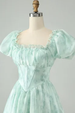 Verde claro Uma linha de pescoço quadrado babado floral vestido curto de volta para casa