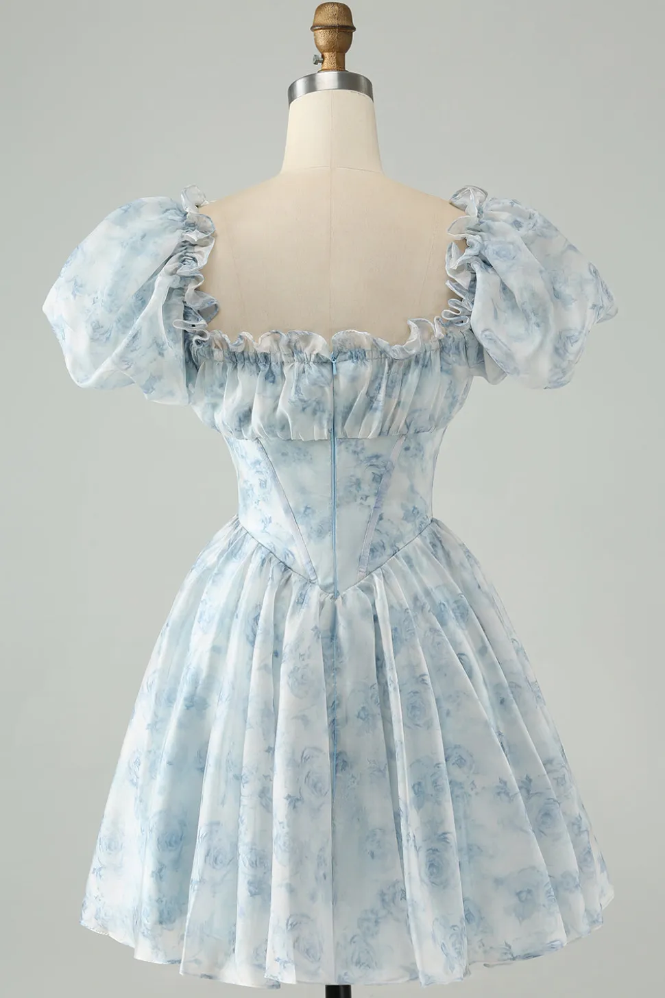Verde claro Uma linha de pescoço quadrado babado floral vestido curto de volta para casa