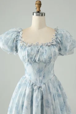 Verde claro Uma linha de pescoço quadrado babado floral vestido curto de volta para casa