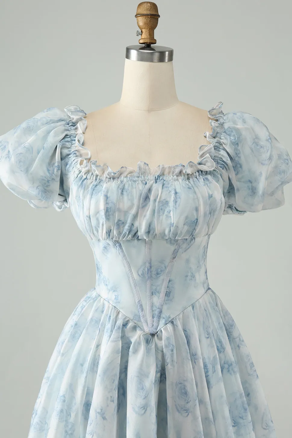 Verde claro Uma linha de pescoço quadrado babado floral vestido curto de volta para casa