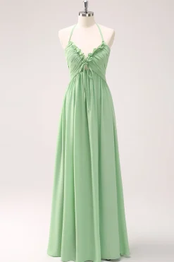Verde claro Uma linha Halter Backless Lace Up Long Bridesmaid Dress