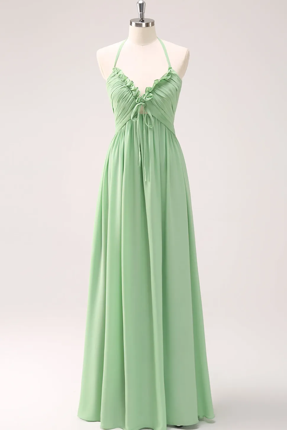 Verde claro Uma linha Halter Backless Lace Up Long Bridesmaid Dress