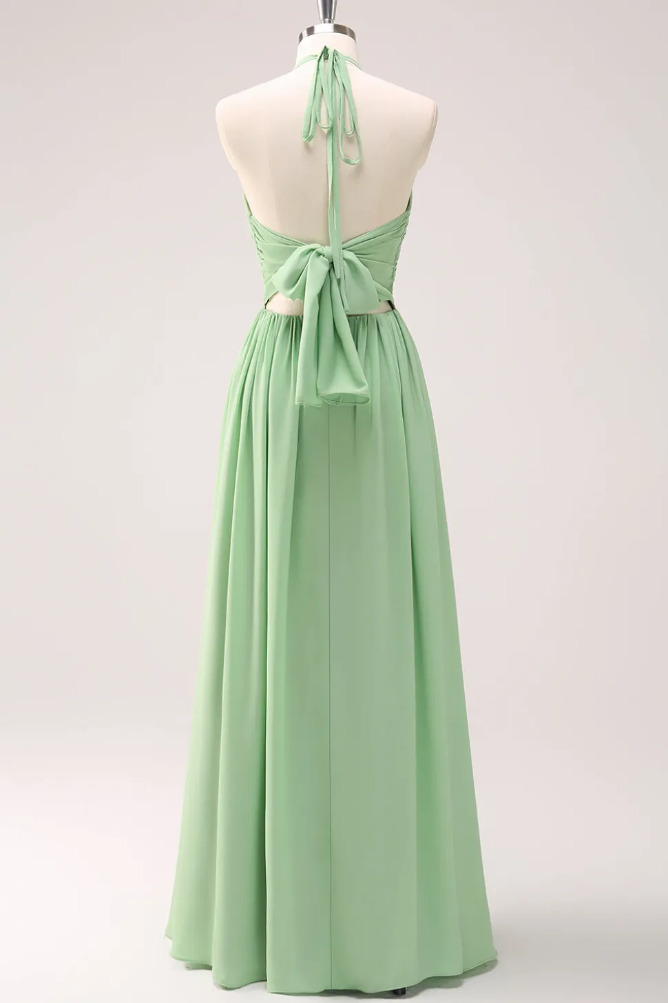 Verde claro Uma linha Halter Backless Lace Up Long Bridesmaid Dress