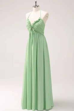 Verde claro Uma linha Halter Backless Lace Up Long Bridesmaid Dress
