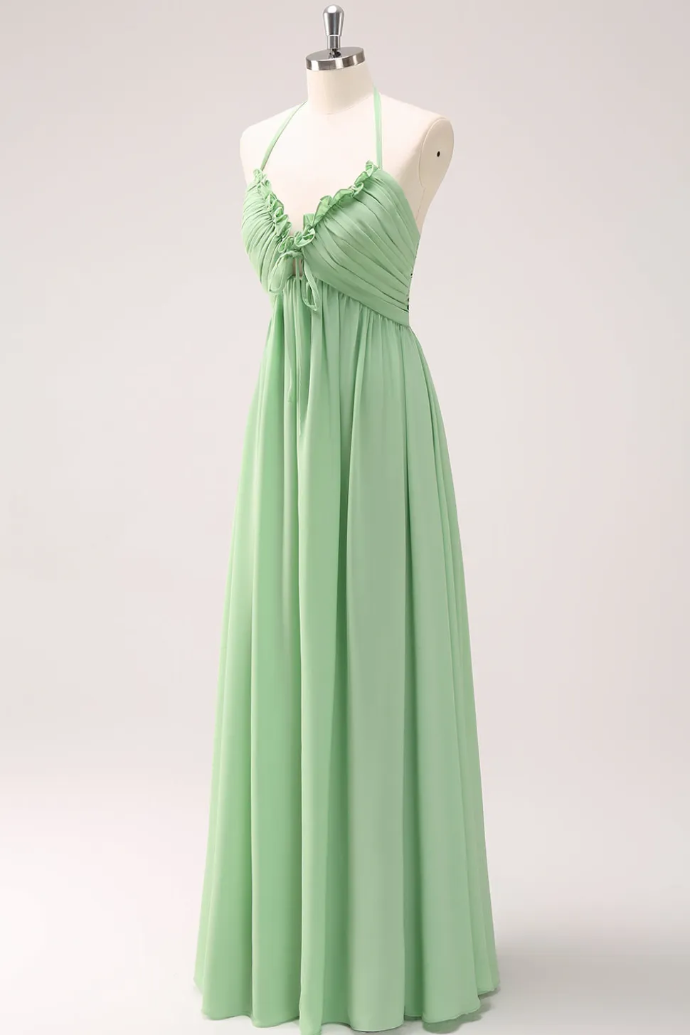 Verde claro Uma linha Halter Backless Lace Up Long Bridesmaid Dress