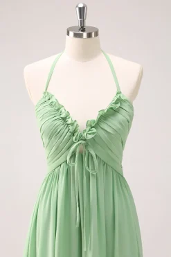 Verde claro Uma linha Halter Backless Lace Up Long Bridesmaid Dress