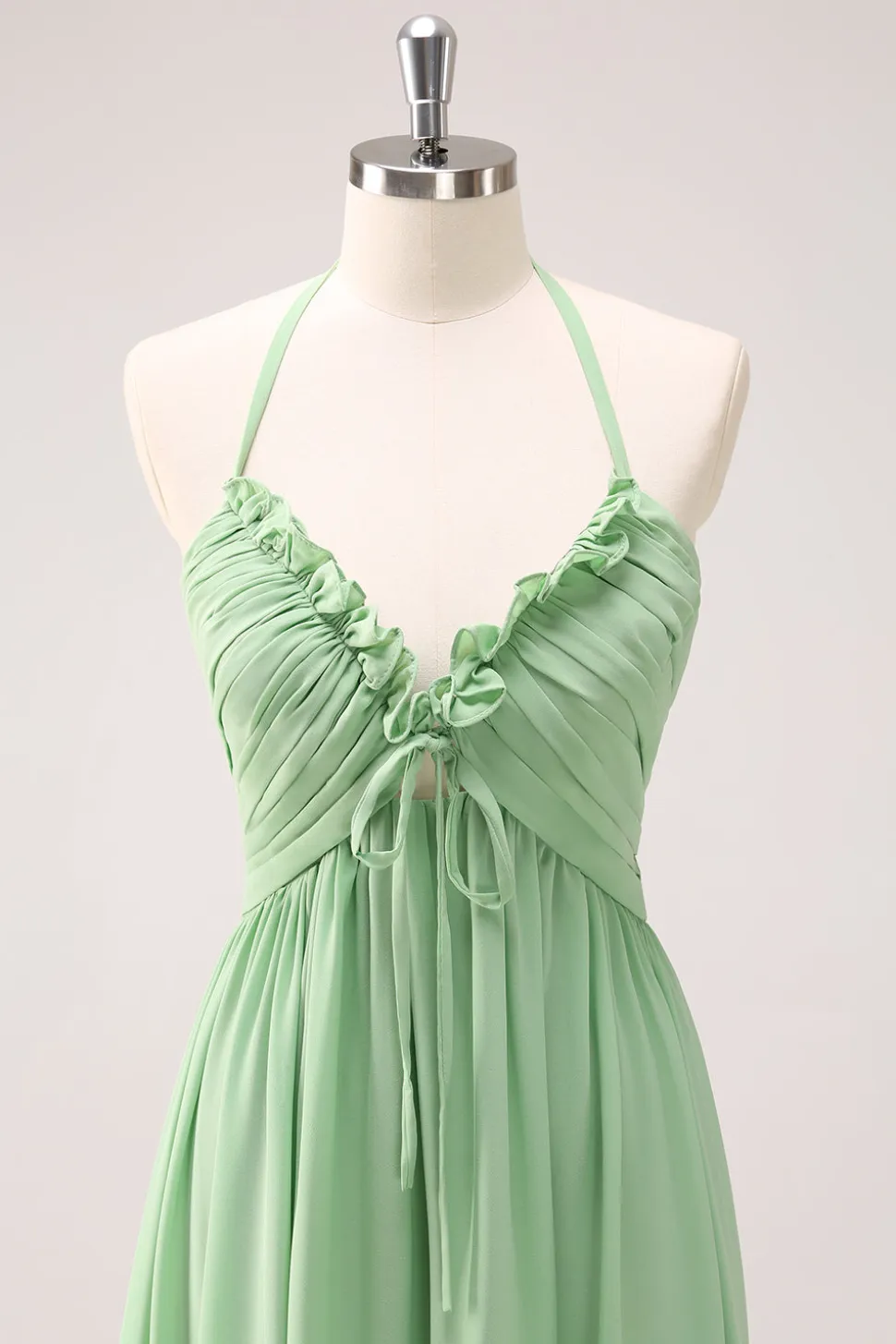 Verde claro Uma linha Halter Backless Lace Up Long Bridesmaid Dress