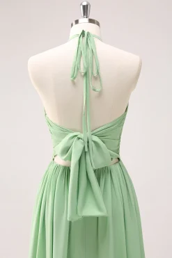 Verde claro Uma linha Halter Backless Lace Up Long Bridesmaid Dress