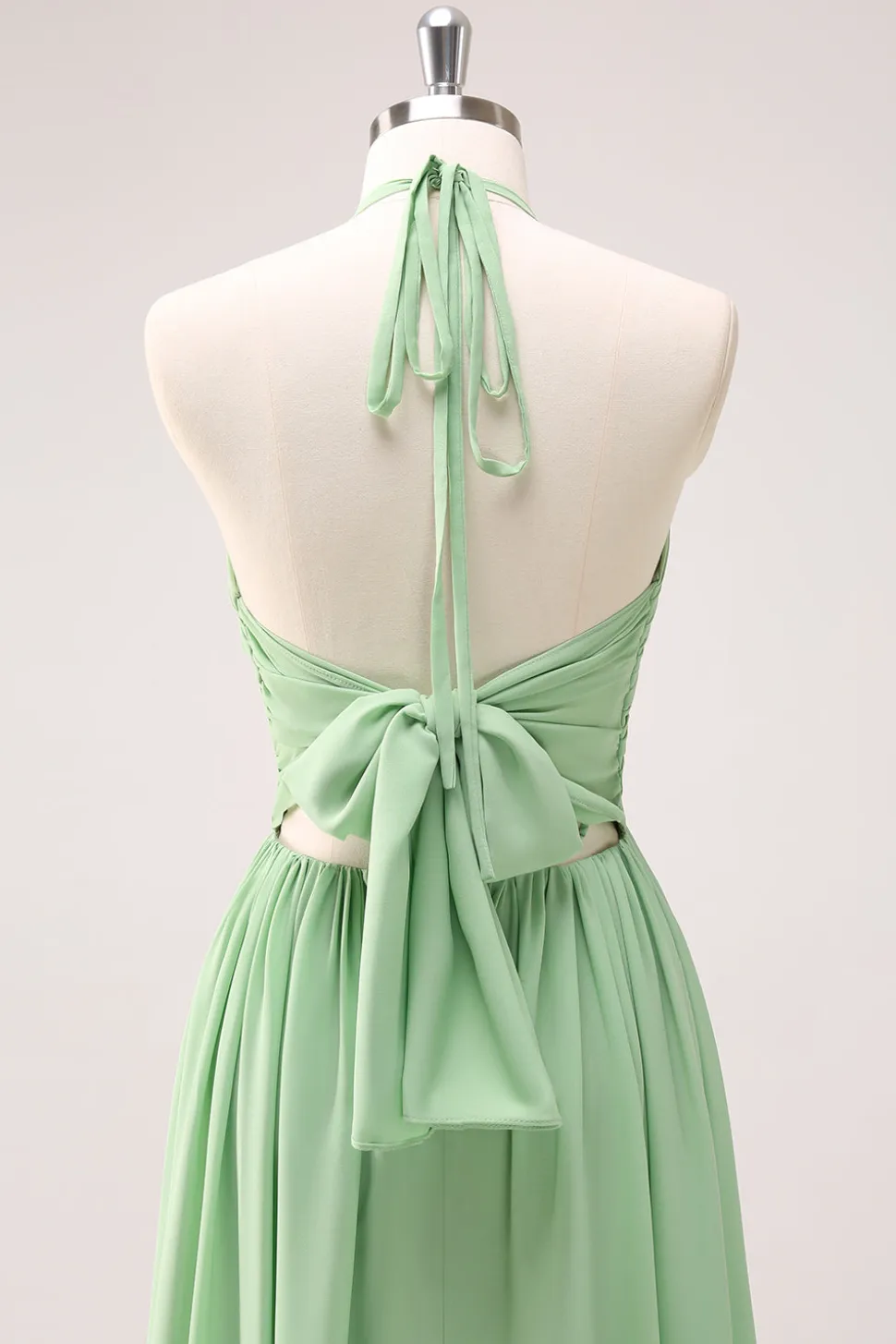 Verde claro Uma linha Halter Backless Lace Up Long Bridesmaid Dress