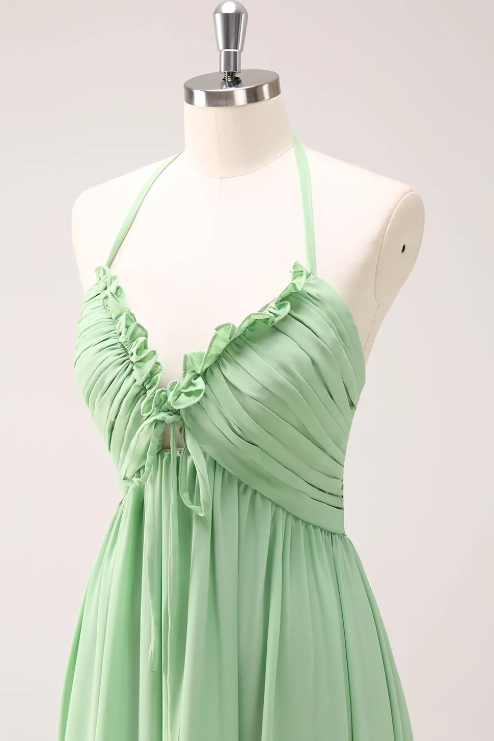 Verde claro Uma linha Halter Backless Lace Up Long Bridesmaid Dress