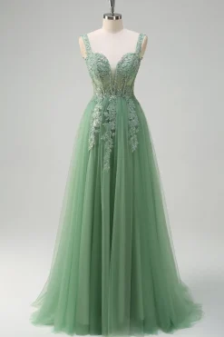 Verde De Baile/Princesa Tulle Longos Vestido De Baile com Apliques