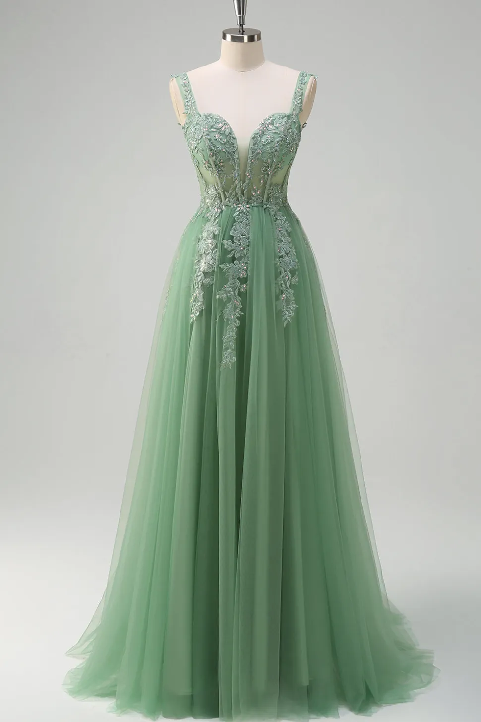 Verde De Baile/Princesa Tulle Longos Vestido De Baile com Apliques