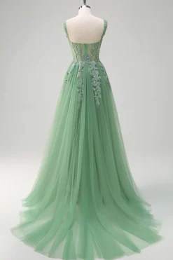 Verde De Baile/Princesa Tulle Longos Vestido De Baile com Apliques