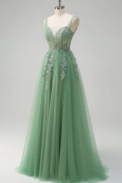 Verde De Baile/Princesa Tulle Longos Vestido De Baile com Apliques