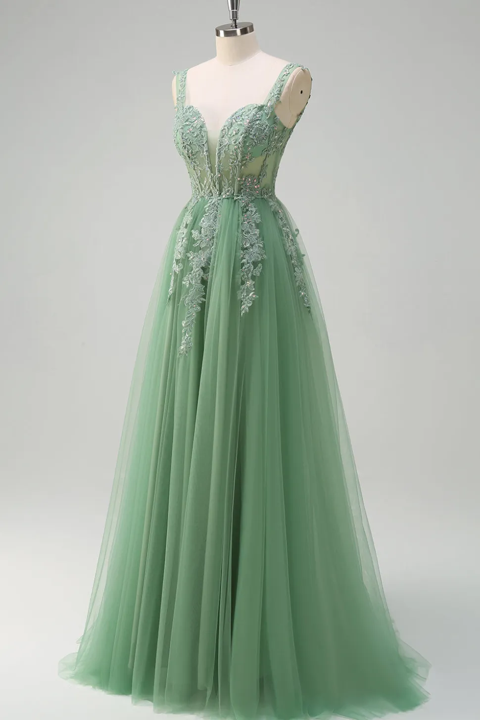 Verde De Baile/Princesa Tulle Longos Vestido De Baile com Apliques