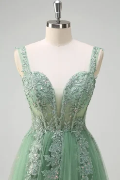 Verde De Baile/Princesa Tulle Longos Vestido De Baile com Apliques