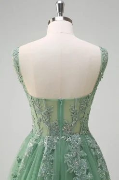 Verde De Baile/Princesa Tulle Longos Vestido De Baile com Apliques
