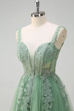 Verde De Baile/Princesa Tulle Longos Vestido De Baile com Apliques