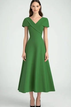 Verde Decote em V Linha-A Midi Vestidos Cerimónia com Mangas Curtas