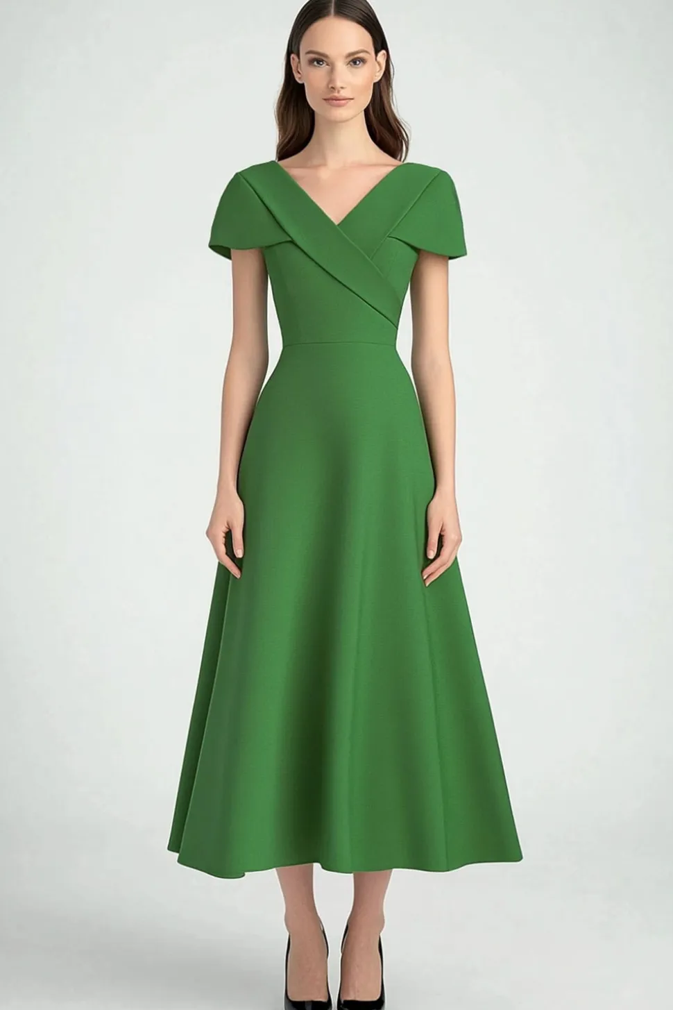 Verde Decote em V Linha-A Midi Vestidos Cerimónia com Mangas Curtas
