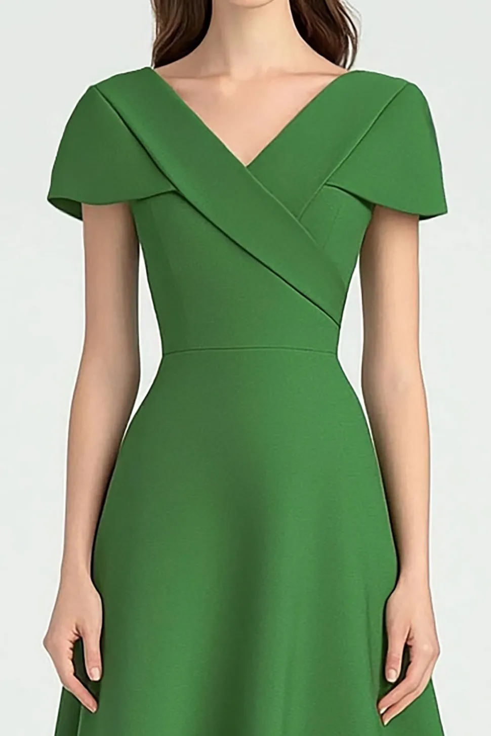 Verde Decote em V Linha-A Midi Vestidos Cerimónia com Mangas Curtas