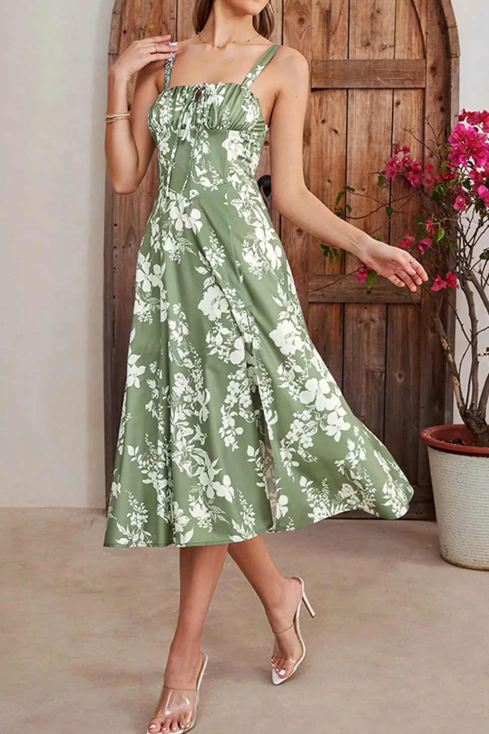 Verde Direto Linha-A Midi Vestido de Verão com Fenda