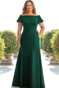 Verde Escura Fora do Ombro Cetim Longo Vestido Mae Noiva com Mangas
