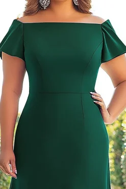 Verde Escura Fora do Ombro Cetim Longo Vestido Mae Noiva com Mangas