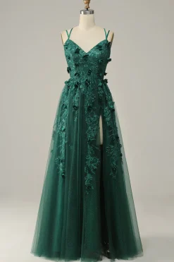 Verde Escuro A Line Tule Vestido de Festa