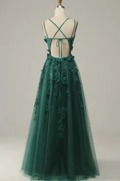 Verde Escuro A Line Tule Vestido de Festa