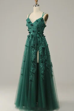 Verde Escuro A Line Tule Vestido de Festa