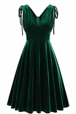 Verde escuro A Linha V Pescoço Vestido Vintage Curto