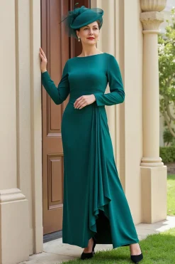 Verde escuro A-Line Bateau mangas compridas mãe da noiva vestido com fenda