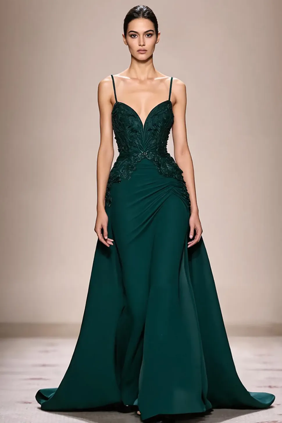 Verde escuro A-Line cetim Ruched longo vestido de noite com apliques