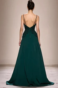 Verde escuro A-Line cetim Ruched longo vestido de noite com apliques