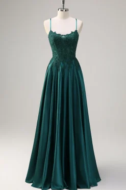 Verde Escuro A-Line Espaghetti Correias Cetim Frisado Longo Vestido de Baile com Apliques