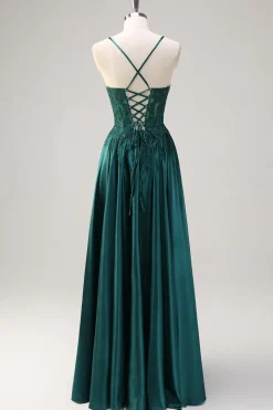Verde Escuro A-Line Espaghetti Correias Cetim Frisado Longo Vestido de Baile com Apliques