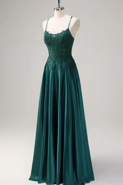 Verde Escuro A-Line Espaghetti Correias Cetim Frisado Longo Vestido de Baile com Apliques