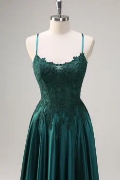 Verde Escuro A-Line Espaghetti Correias Cetim Frisado Longo Vestido de Baile com Apliques