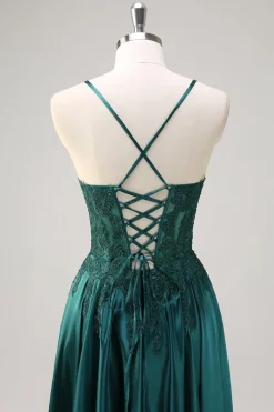 Verde Escuro A-Line Espaghetti Correias Cetim Frisado Longo Vestido de Baile com Apliques