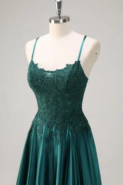 Verde Escuro A-Line Espaghetti Correias Cetim Frisado Longo Vestido de Baile com Apliques