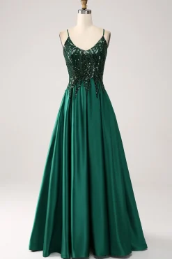 Verde Escuro A-Line Espaghetti Correias Vestido Longo Baile de Formatura
