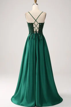 Verde Escuro A-Line Espaghetti Correias Vestido Longo Baile de Formatura