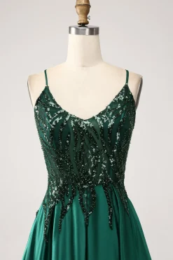 Verde Escuro A-Line Espaghetti Correias Vestido Longo Baile de Formatura