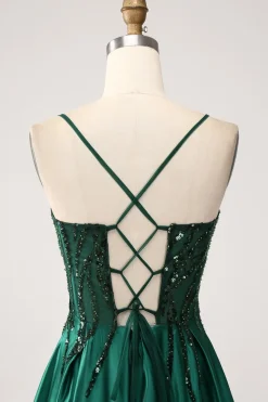 Verde Escuro A-Line Espaghetti Correias Vestido Longo Baile de Formatura
