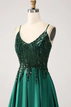 Verde Escuro A-Line Espaghetti Correias Vestido Longo Baile de Formatura