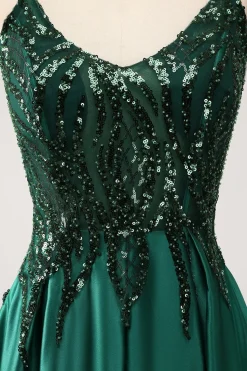 Verde Escuro A-Line Espaghetti Correias Vestido Longo Baile de Formatura