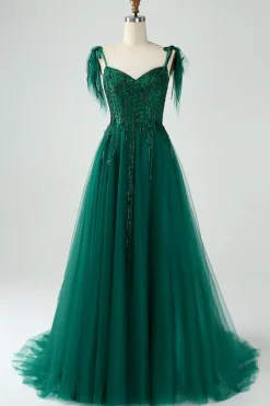 Verde Escuro A-Line Espaghetti Correias Tulle Long Prom Dress com Missangas